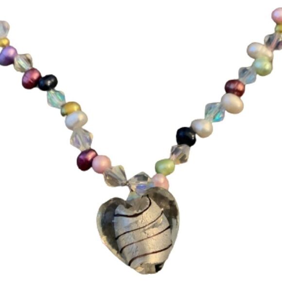 Teng Yue Art Glass Heart Necklace - Freshwater Pearls, Handmade, Gift-Ready - Picture 5 of 12